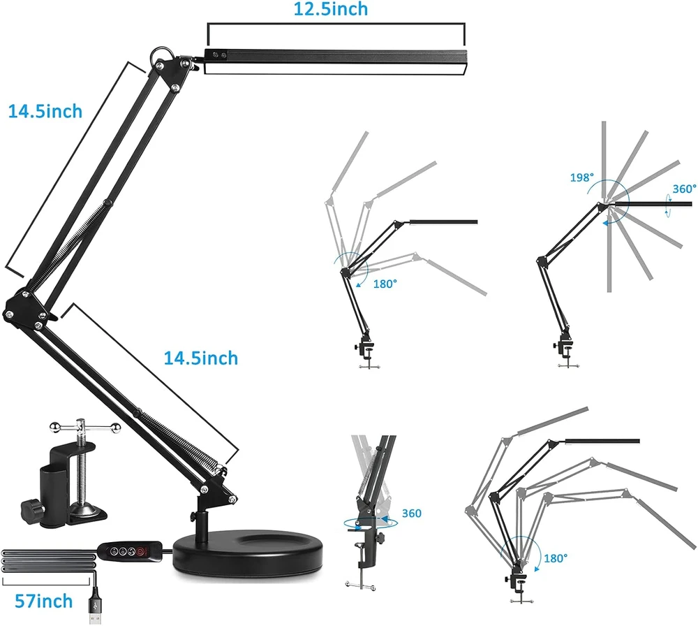 SKYLEO LED stalinė lempa su pagrindu ir spaustuku, 3 režimai, Noir Base et Clip