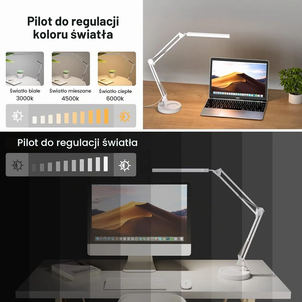 SKYLEO LED stalinė lempa su pagrindu ir spaustuku, 3 režimai, 10 ryškumo lygių, Blanc Base et Clip