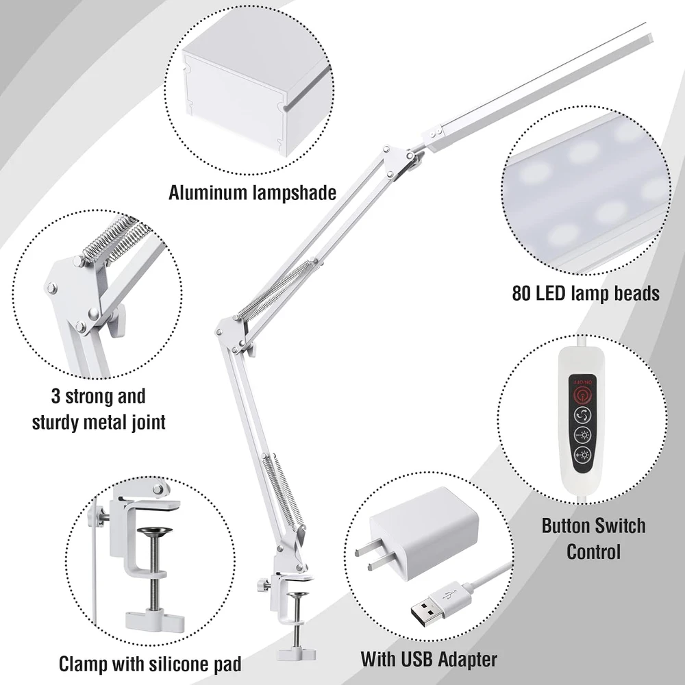 SKYLEO LED stalinė lempa su spaustuku, 10 W, 3 šviesos režimai, Blanc Clip