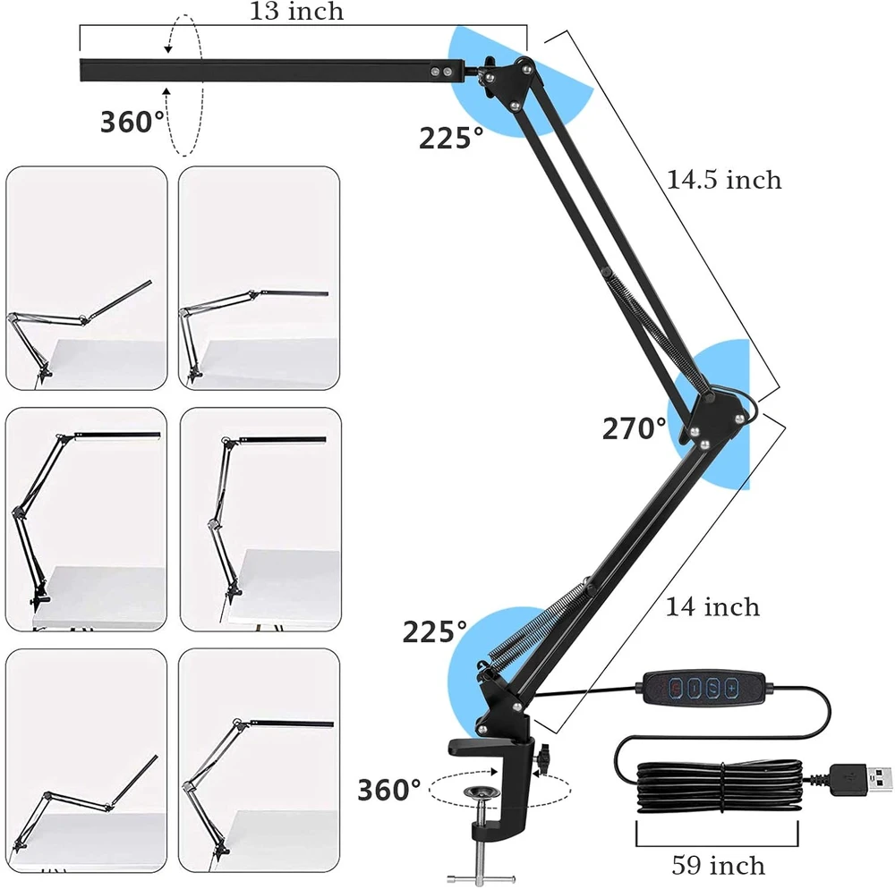 SKYLEO LED stalinė lempa su spaustuku, 12 W, 3 šviesos režimai, juoda, Noir Clip