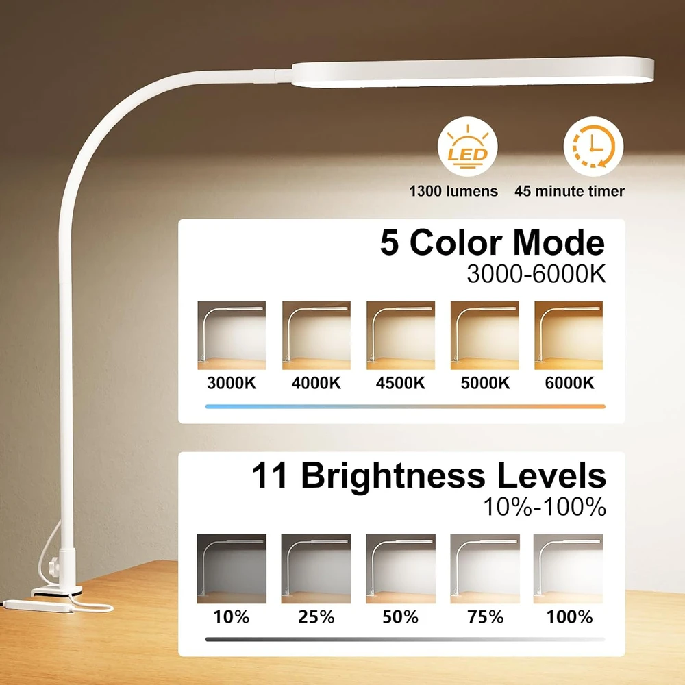 SKYLEO LED stalinė lempa su spaustuku, 12 W, 1300 lm, USB, balta, A020