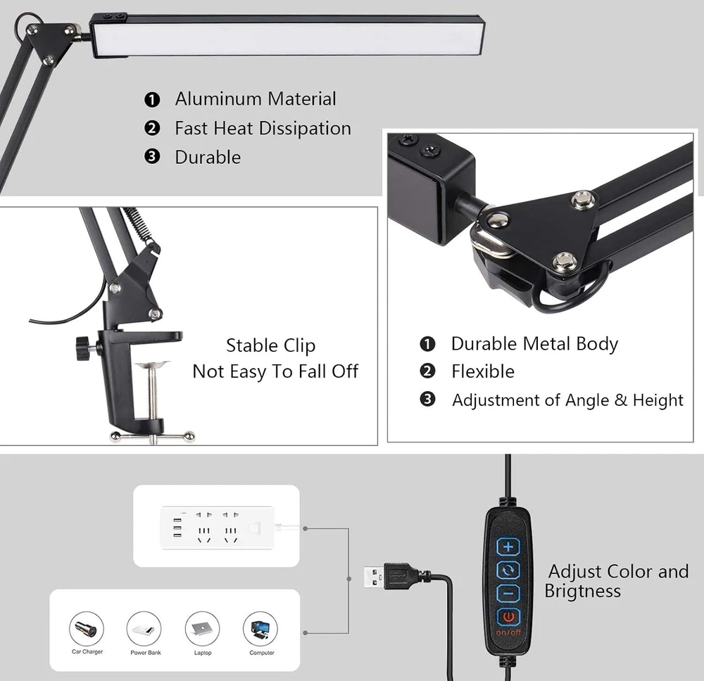 SKYLEO LED stalinė lempa su spaustuku, 12 W, 3 šviesos režimai, juoda, Noir Clip