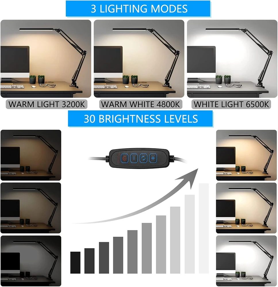 SKYLEO LED stalinė lempa su spaustuku, 12 W, 3 šviesos režimai, juoda, Noir Clip