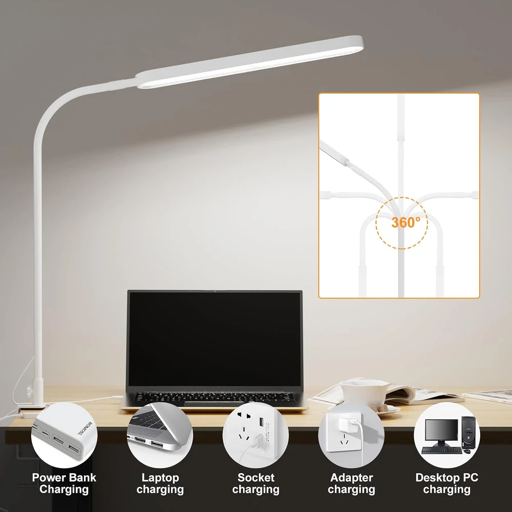 SKYLEO LED stalinė lempa su spaustuku, 12 W, 1300 lm, USB, balta, A020