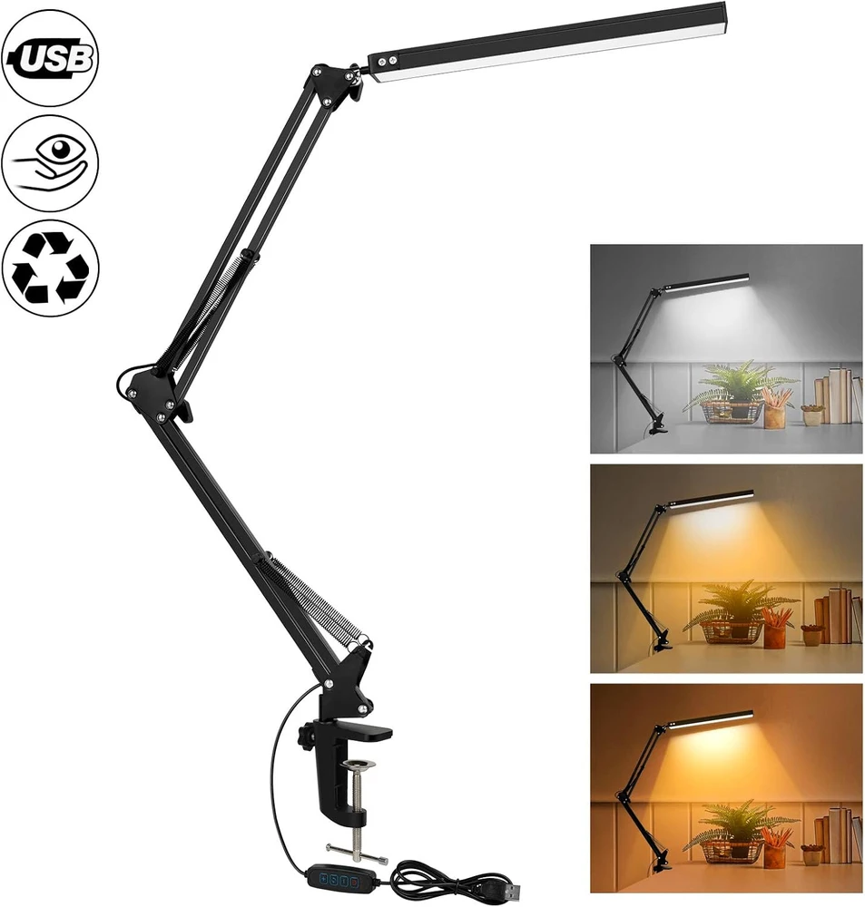 SKYLEO LED stalinė lempa su spaustuku, 12 W, 3 šviesos režimai, juoda, Noir Clip