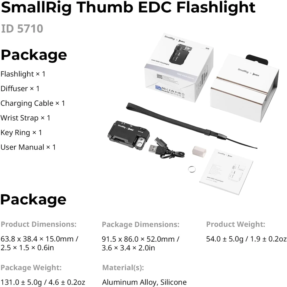 SmallRig įkraunama mini LED žibintuvėlis EDC, 400 lm, IP65, magnetinis pagrindas, 5710