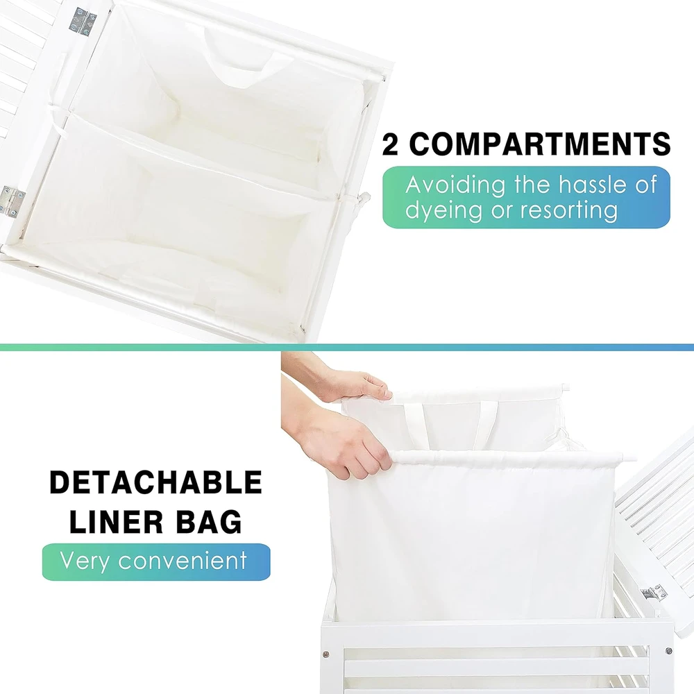 SMIBUY bambukinis dvigubas skalbinių krepšys su dangčiu, 120 l talpa, nuimamas įdėklas, baltas