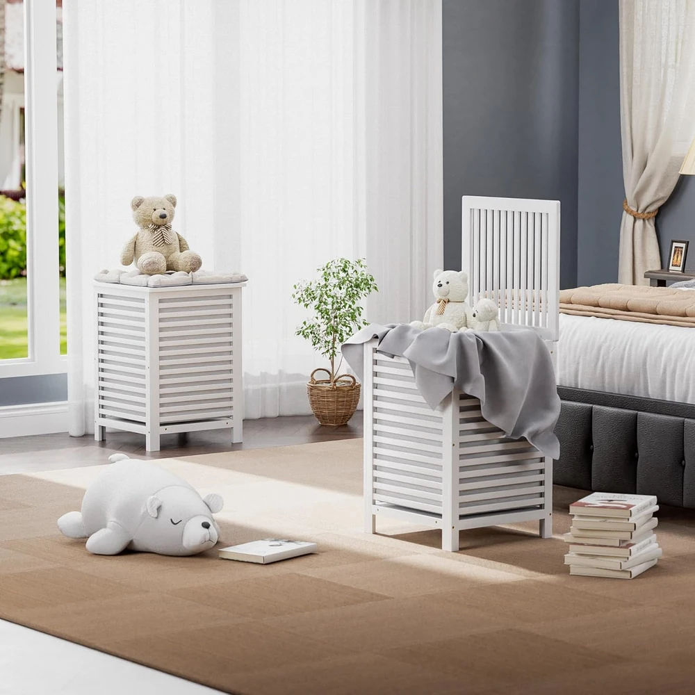 SMIBUY bambukinis dvigubas skalbinių krepšys su dangčiu, 120 l talpa, nuimamas įdėklas, baltas
