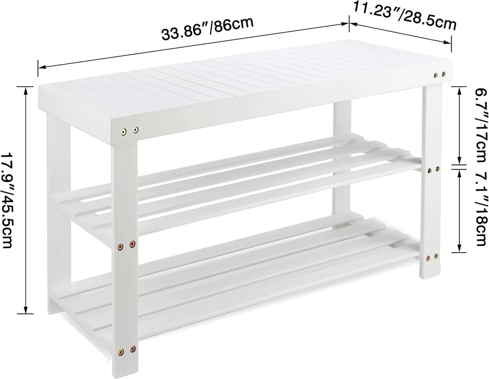 SMIBUY batų lentyna iš bambuko, 3 lygių, balta, 86 x 28.5 x 45.5 cm, SBSRW90