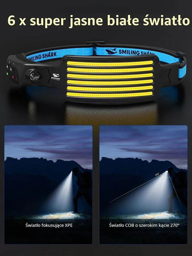 Smiling Shark įkraunamas LED galvos žibintas 350 lm, 230°, su judesio jutikliu TD-0123