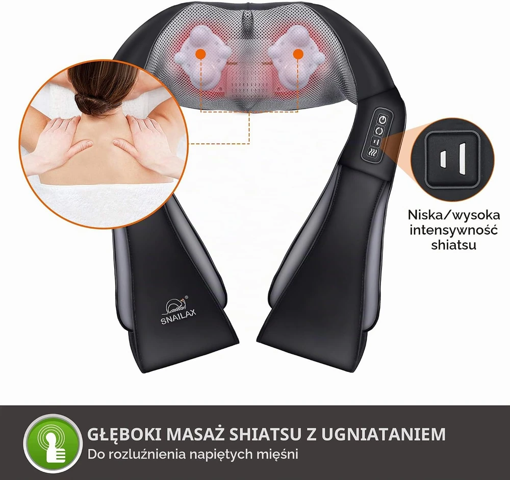 Snailax Shiatsu kaklo ir pečių masažuoklis su šildymu, 3D voleliu, SL-632N-EUVC