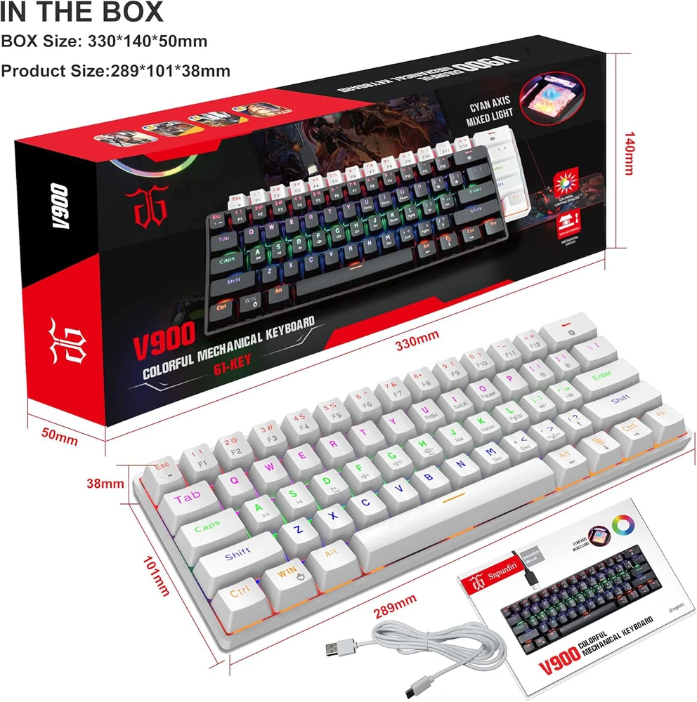 Snpurdiri 60% laidinė mechaninė žaidimų klaviatūra, 61 klavišas, RGB apšvietimas, mėlynieji jungikliai, balta, CE-NIB-135