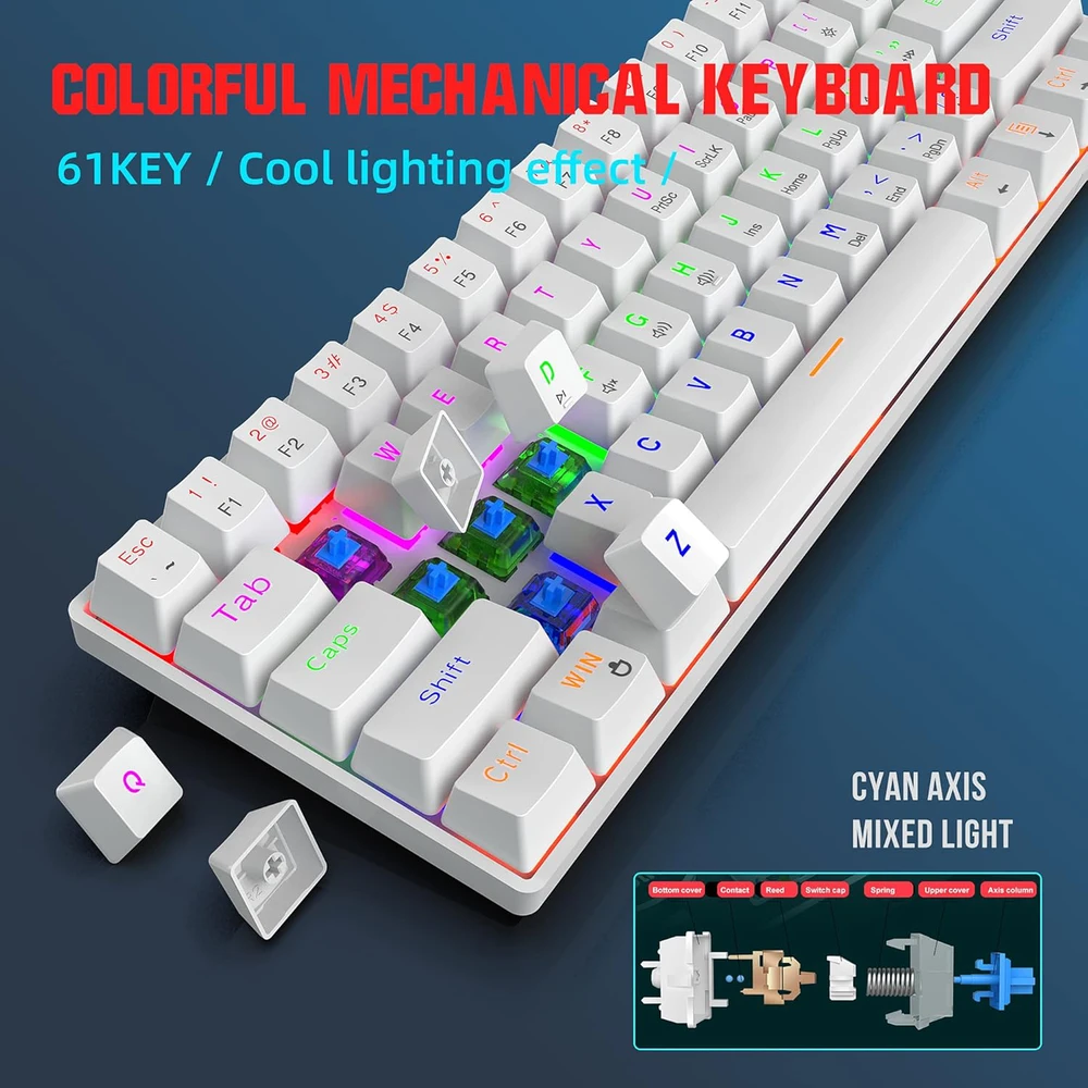 Snpurdiri 60% laidinė mechaninė žaidimų klaviatūra, 61 klavišas, RGB apšvietimas, mėlynieji jungikliai, balta, CE-NIB-135