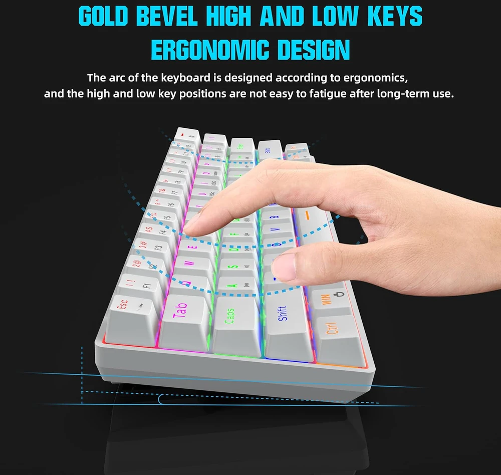 Snpurdiri 60% laidinė mechaninė žaidimų klaviatūra, 61 klavišas, RGB apšvietimas, mėlynieji jungikliai, balta, CE-NIB-135