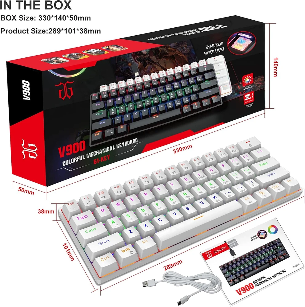 Snpurdiri 60% laidinė mechaninė žaidimų klaviatūra, 61 klavišas, RGB apšvietimas, mėlynieji jungikliai, balta, CE-NIB-135