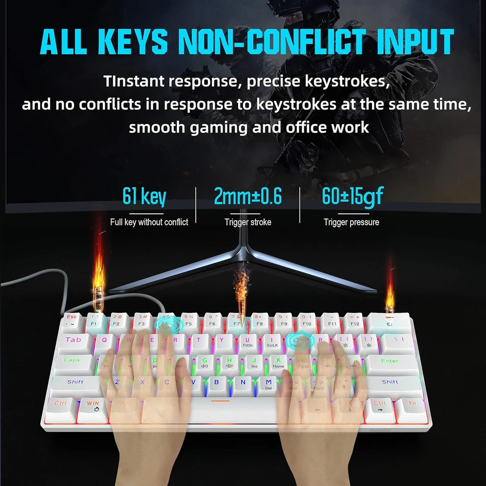 Snpurdiri 60% laidinė mechaninė žaidimų klaviatūra, 61 klavišas, RGB apšvietimas, mėlynieji jungikliai, balta, CE-NIB-135