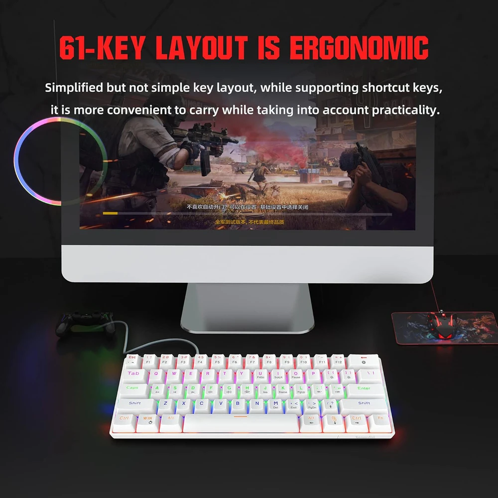 Snpurdiri 60% laidinė mechaninė žaidimų klaviatūra, 61 klavišas, RGB apšvietimas, mėlynieji jungikliai, balta, CE-NIB-135