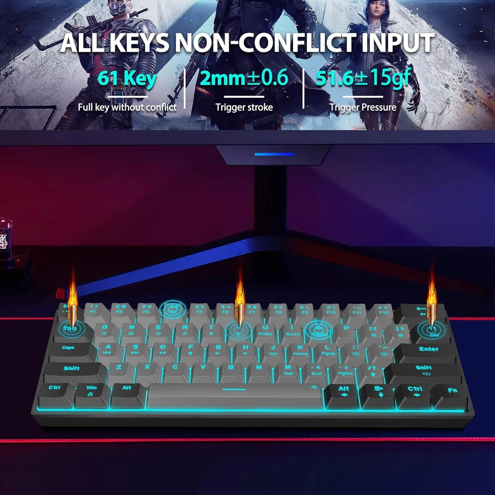 Snpurdiri 60% mechaninė laidinė žaidimų klaviatūra, 61 mygtukas, LED apšvietimas, USB-C, raudoni jungikliai, juodai pilka