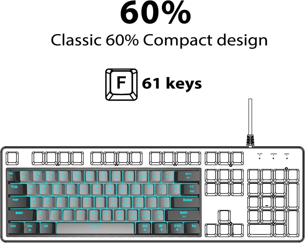 Snpurdiri 60% mechaninė laidinė žaidimų klaviatūra, 61 mygtukas, LED apšvietimas, USB-C, raudoni jungikliai, juodai pilka
