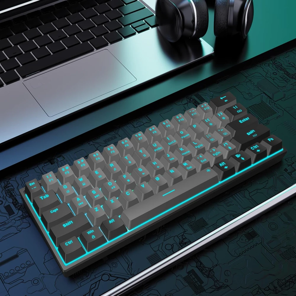 Snpurdiri 60% mechaninė laidinė žaidimų klaviatūra, 61 mygtukas, LED apšvietimas, USB-C, raudoni jungikliai, juodai pilka
