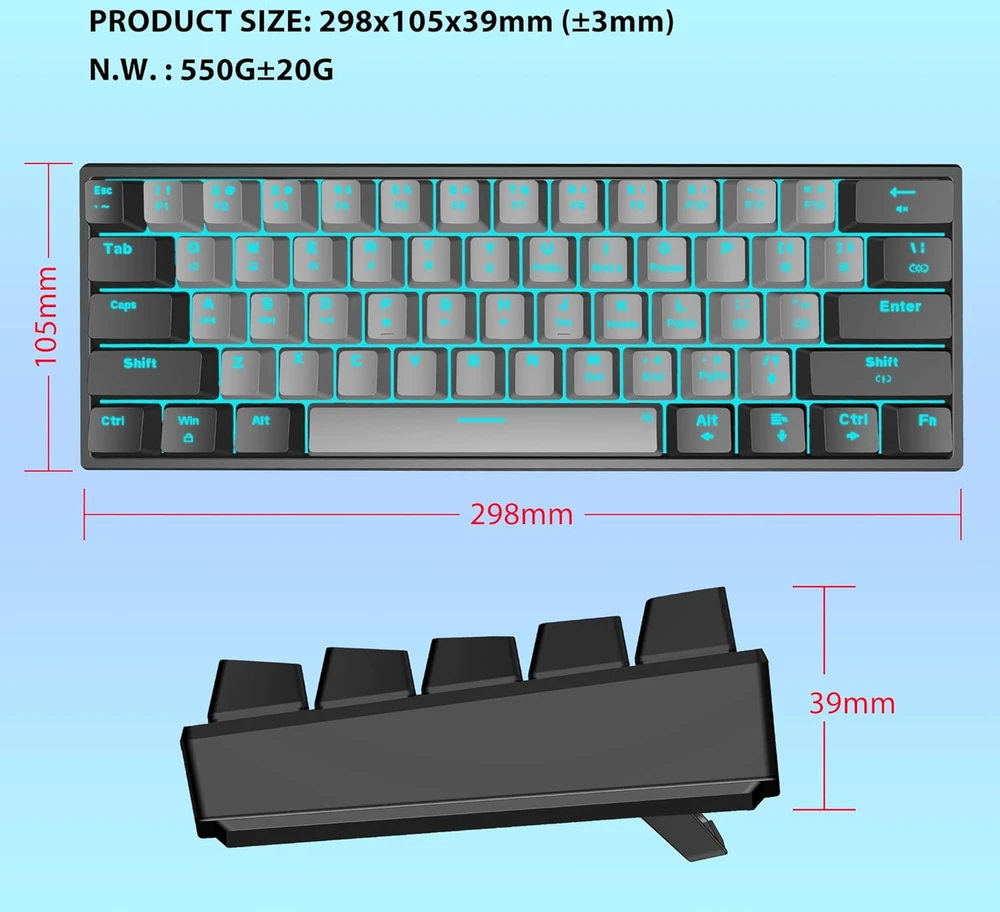 Snpurdiri 60% mechaninė laidinė žaidimų klaviatūra, 61 mygtukas, LED apšvietimas, USB-C, raudoni jungikliai, juodai pilka