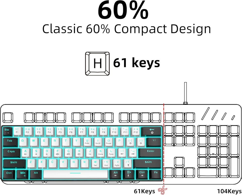 Snpurdiri laidinė 60% mechaninė žaidimų klaviatūra su mėlynu LED apšvietimu, USB-C