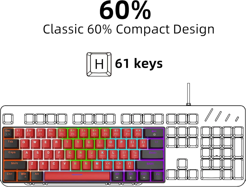Snpurdiri mechaninė žaidimų klaviatūra, 60%, 61 mygtukas, RGB apšvietimas, USB-C jungtis, mėlynas perjungiklis