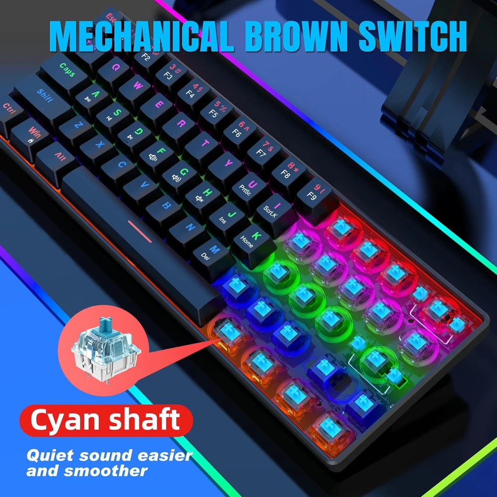 Snpurdiri mechaninė žaidimų klaviatūra, 60%, RGB, 61 klavišas, mėlynas jungiklis, laidinė, juoda