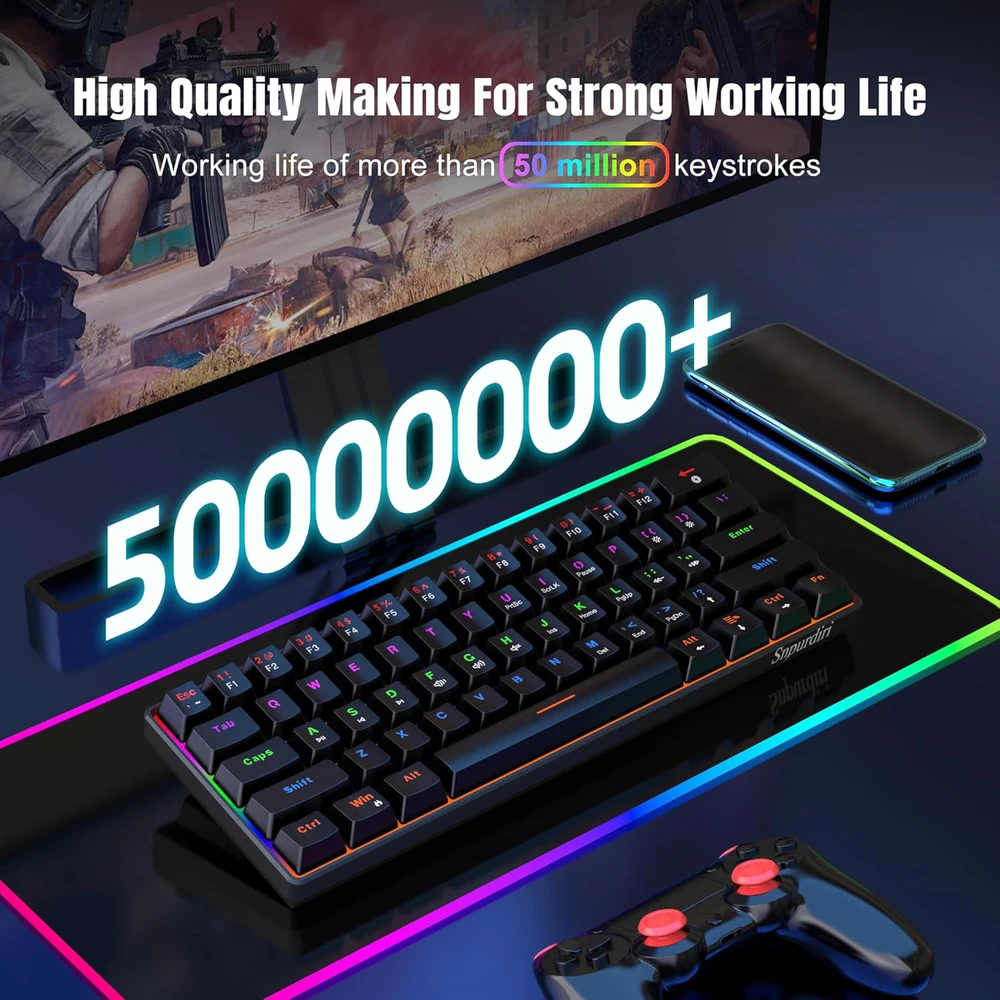Snpurdiri mechaninė žaidimų klaviatūra, 60%, RGB, 61 klavišas, mėlynas jungiklis, laidinė, juoda