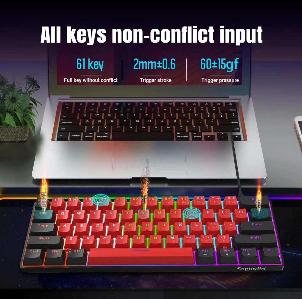 Snpurdiri mechaninė žaidimų klaviatūra, 60%, 61 mygtukas, RGB apšvietimas, USB-C jungtis, mėlynas perjungiklis