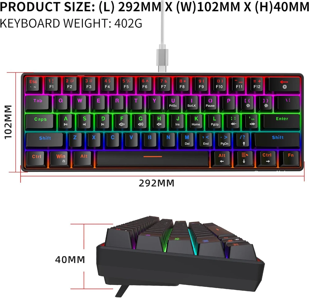 Snpurdiri mechaninė žaidimų klaviatūra, 60%, RGB, 61 klavišas, mėlynas jungiklis, laidinė, juoda