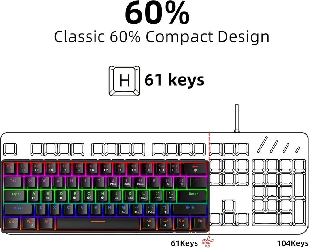 Snpurdiri mechaninė žaidimų klaviatūra, 60%, RGB, 61 klavišas, mėlynas jungiklis, laidinė, juoda