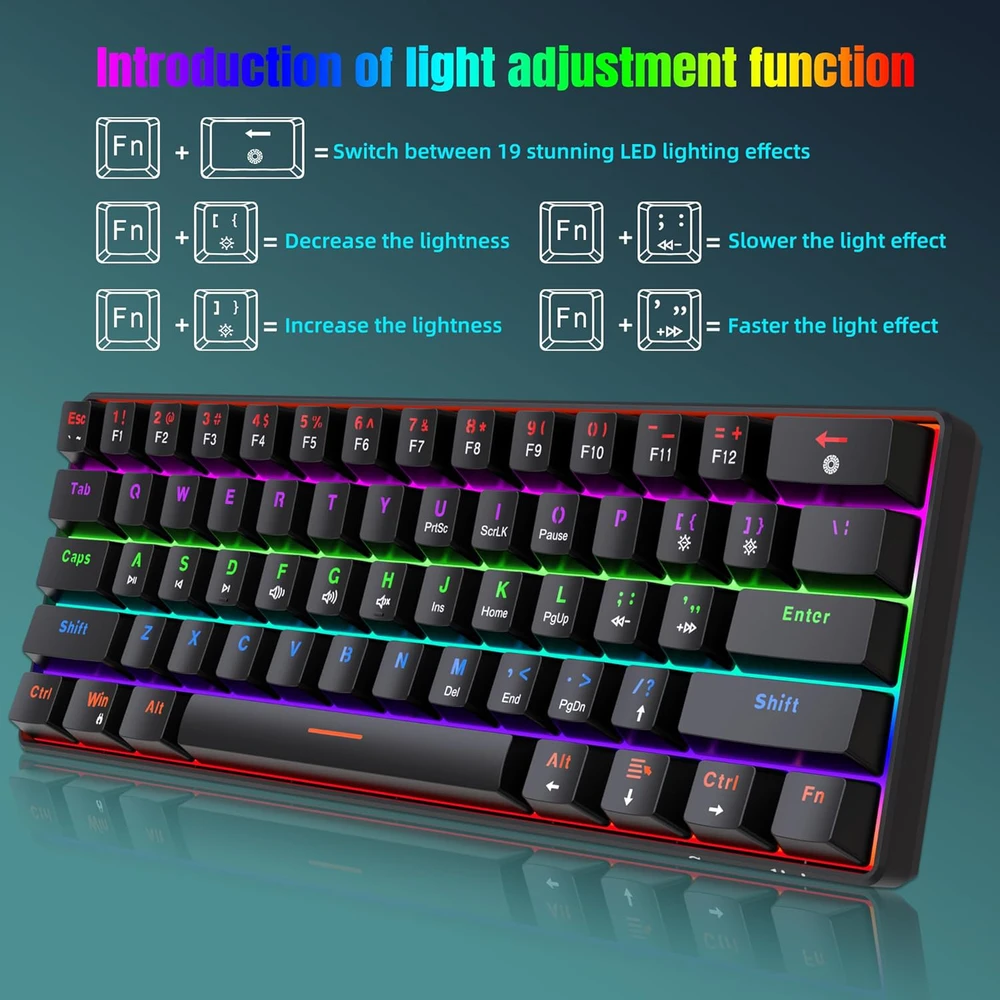 Snpurdiri mechaninė žaidimų klaviatūra, 60%, RGB, 61 klavišas, mėlynas jungiklis, laidinė, juoda