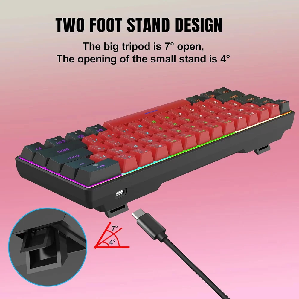 Snpurdiri mechaninė žaidimų klaviatūra, 60%, 61 mygtukas, RGB apšvietimas, USB-C jungtis, mėlynas perjungiklis