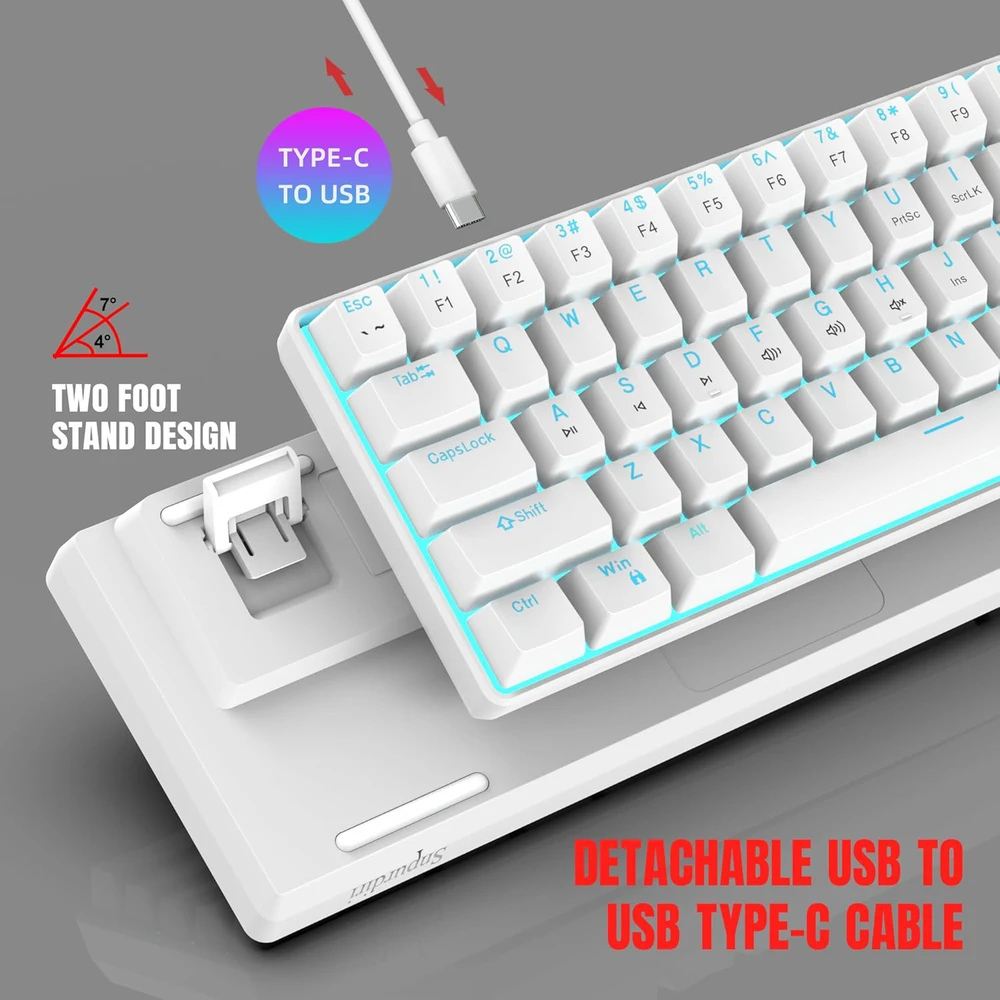 Snpurdiri mechaninė žaidimų klaviatūra 60% 61 klavišas USB-C, raudoni jungikliai, balta spalva