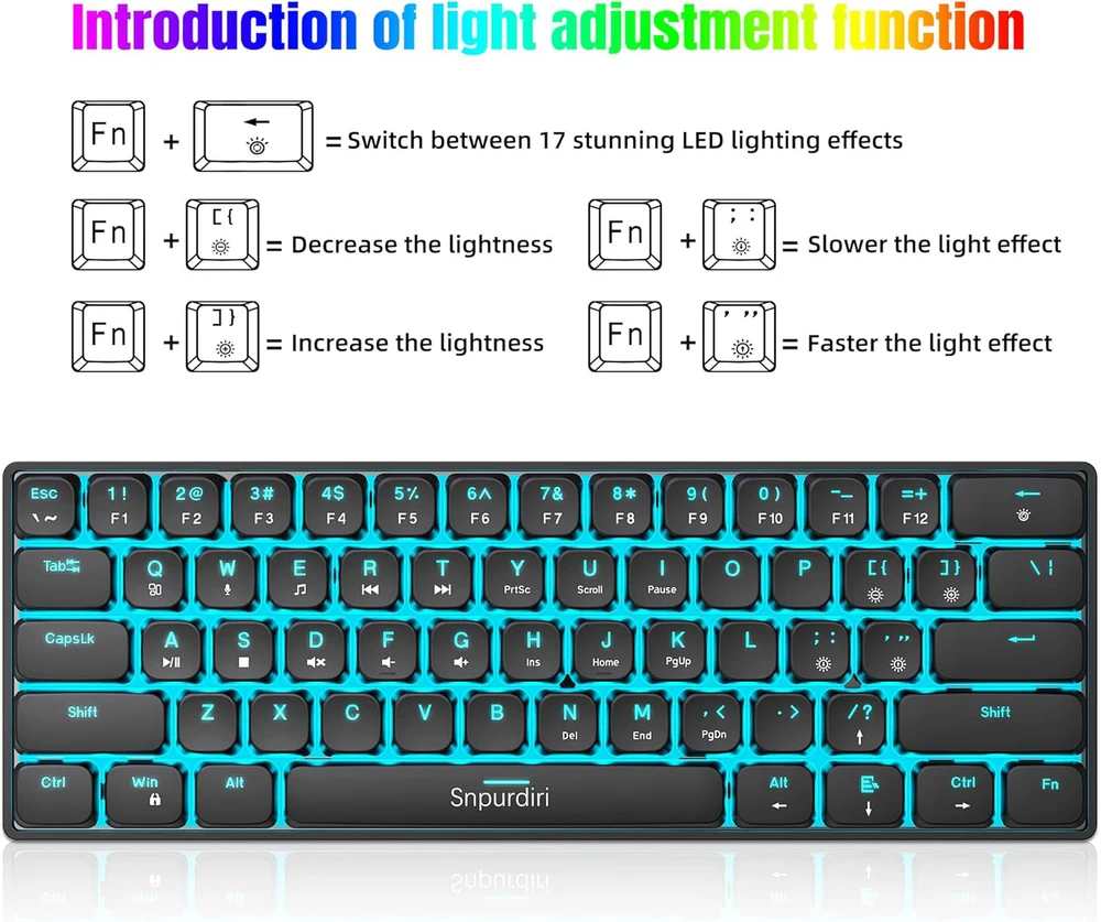 Snpurdiri mechaninė žaidimų klaviatūra 60 proc. su LED apšvietimu, USB-C jungtis, 61 klavišo mini QWERTY, juoda, raudoni jungikliai