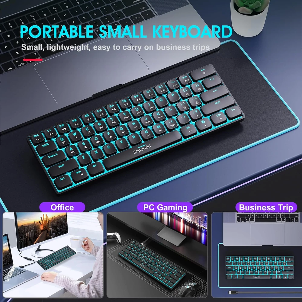 Snpurdiri mechaninė žaidimų klaviatūra 60 proc. su LED apšvietimu, USB-C jungtis, 61 klavišo mini QWERTY, juoda, raudoni jungikliai