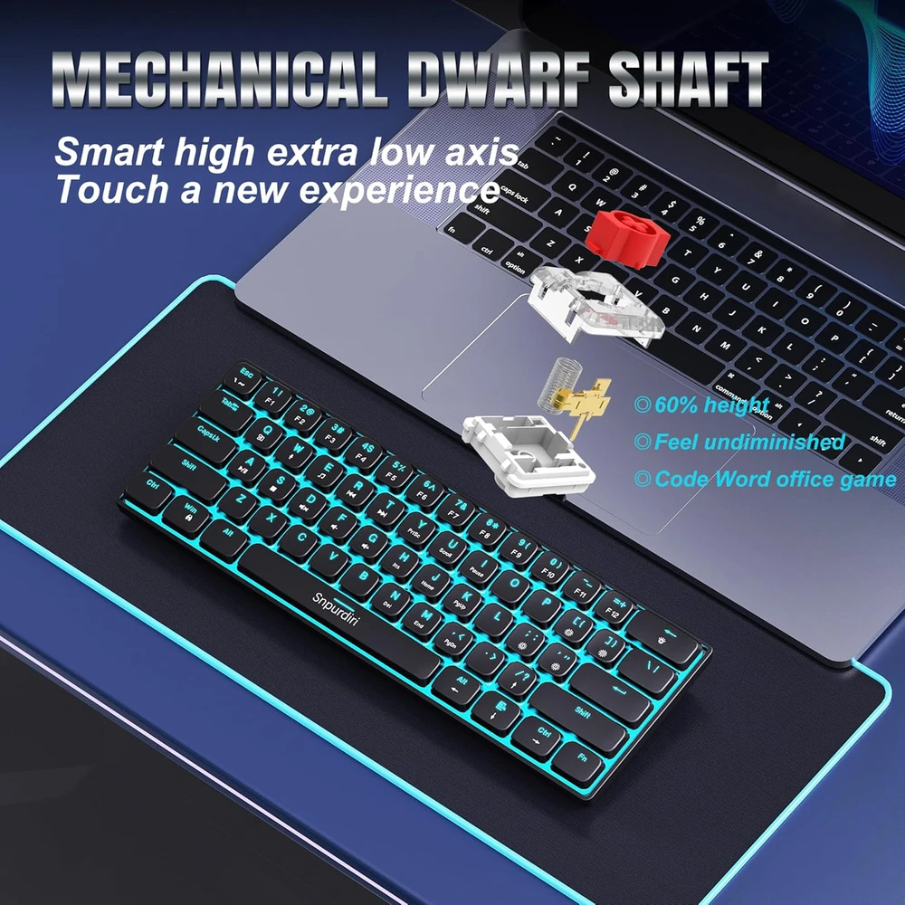 Snpurdiri mechaninė žaidimų klaviatūra 60 proc. su LED apšvietimu, USB-C jungtis, 61 klavišo mini QWERTY, juoda, raudoni jungikliai