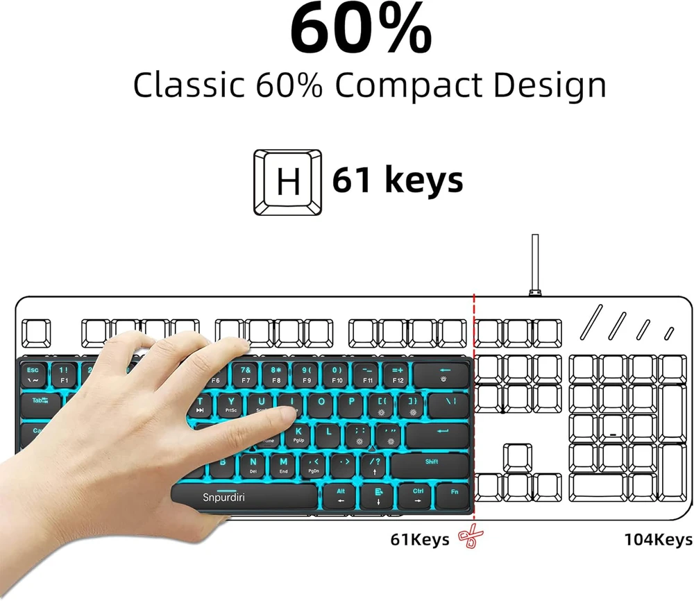 Snpurdiri mechaninė žaidimų klaviatūra 60 proc. su LED apšvietimu, USB-C jungtis, 61 klavišo mini QWERTY, juoda, raudoni jungikliai