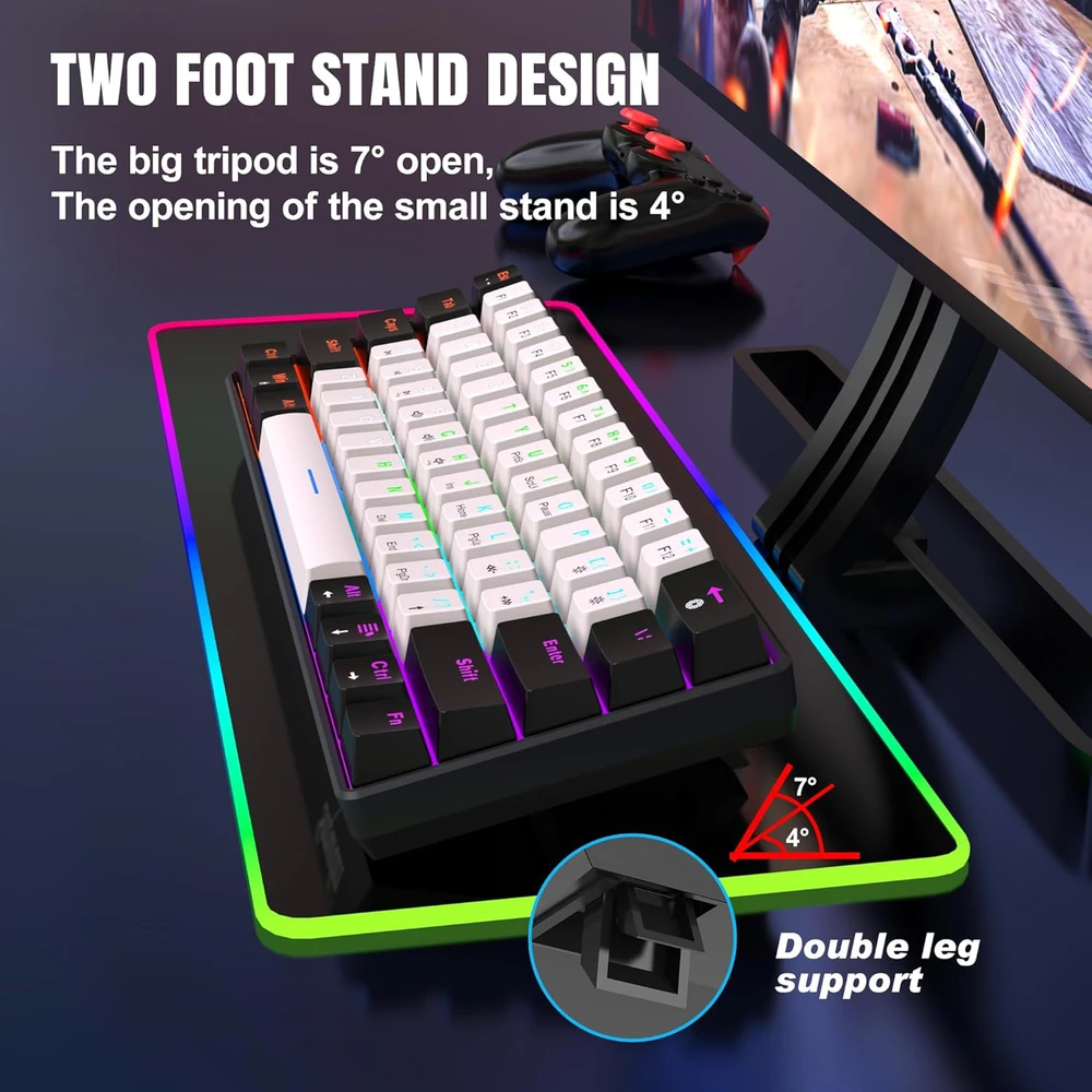 Snpurdiri mechaninė žaidimų klaviatūra 60%, laidinė, 61 mygtukas, RGB apšvietimas, mėlynieji jungikliai, juodai balta