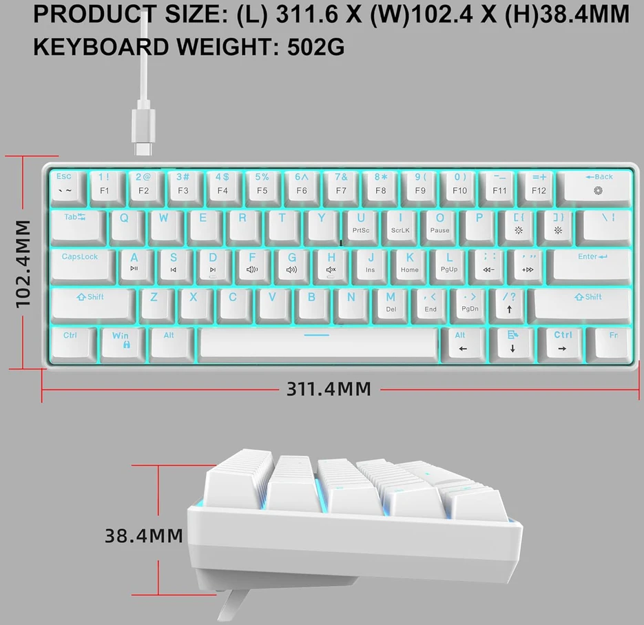 Snpurdiri mechaninė žaidimų klaviatūra 60% 61 klavišas USB-C, raudoni jungikliai, balta spalva