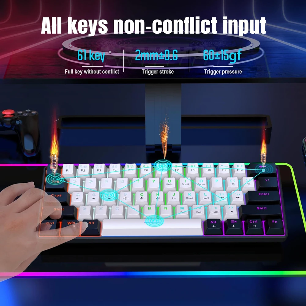 Snpurdiri mechaninė žaidimų klaviatūra 60%, laidinė, 61 mygtukas, RGB apšvietimas, mėlynieji jungikliai, juodai balta