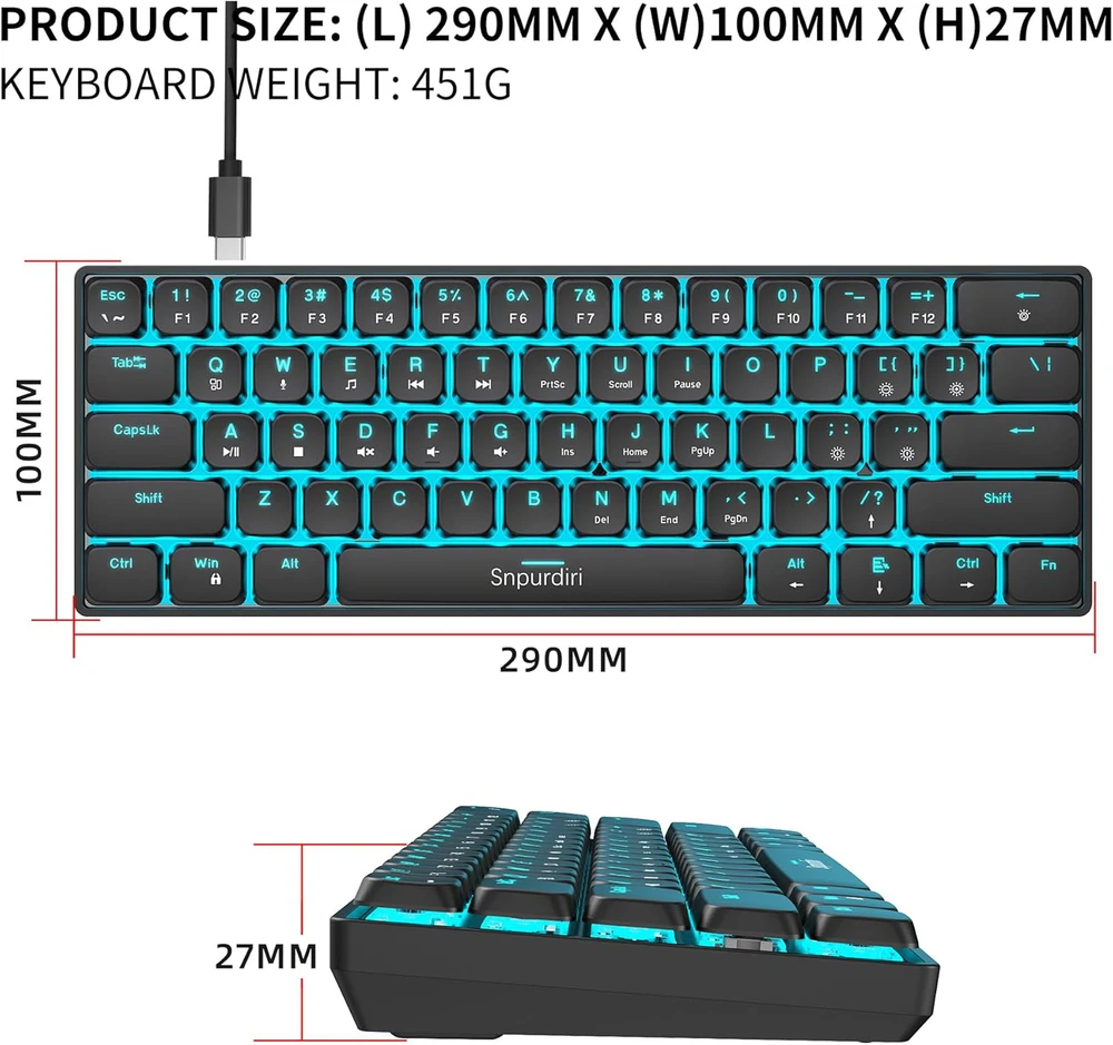 Snpurdiri mechaninė žaidimų klaviatūra 60 proc. su LED apšvietimu, USB-C jungtis, 61 klavišo mini QWERTY, juoda, raudoni jungikliai