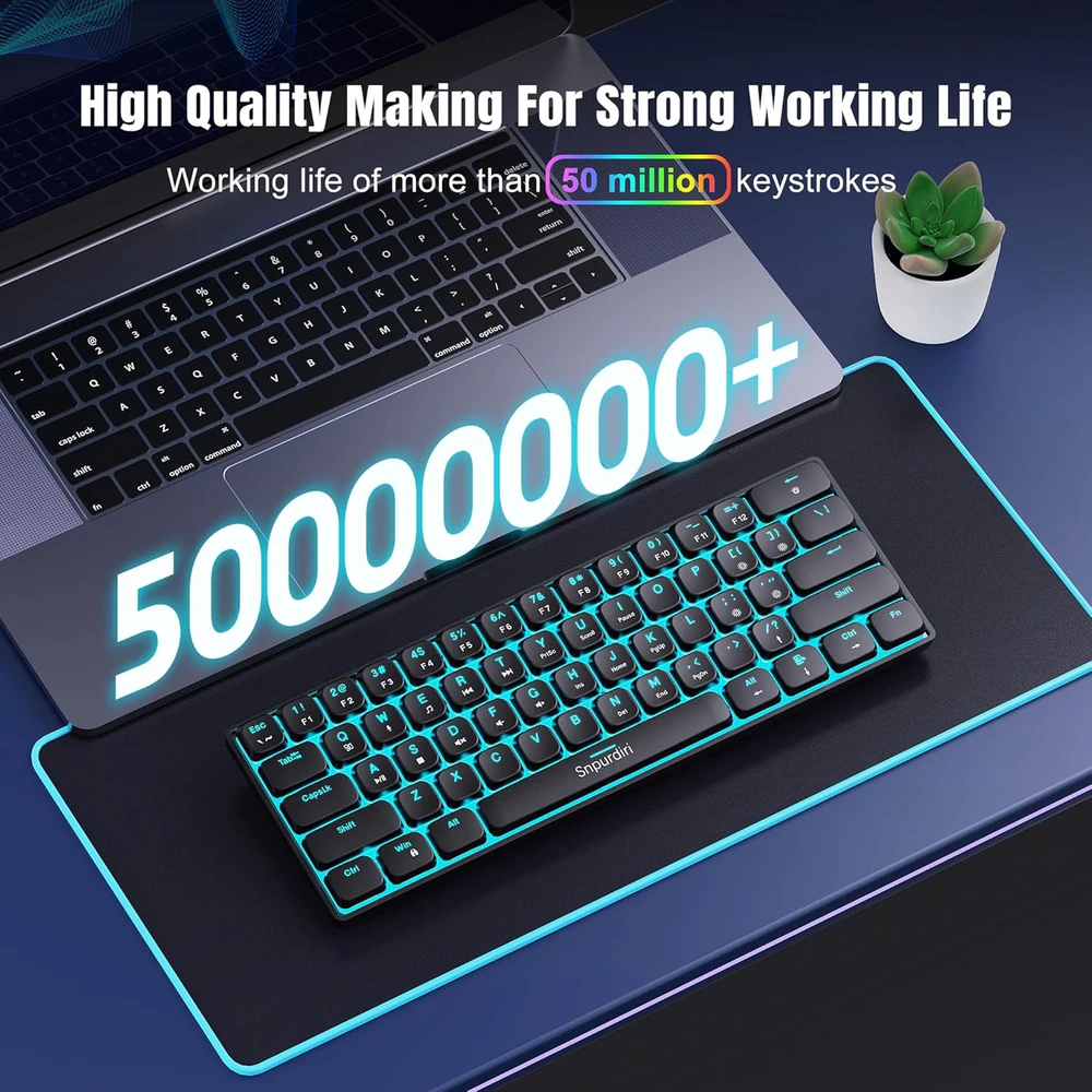 Snpurdiri mechaninė žaidimų klaviatūra 60 proc. su LED apšvietimu, USB-C jungtis, 61 klavišo mini QWERTY, juoda, raudoni jungikliai