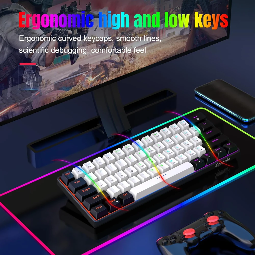 Snpurdiri mechaninė žaidimų klaviatūra 60%, laidinė, 61 mygtukas, RGB apšvietimas, mėlynieji jungikliai, juodai balta
