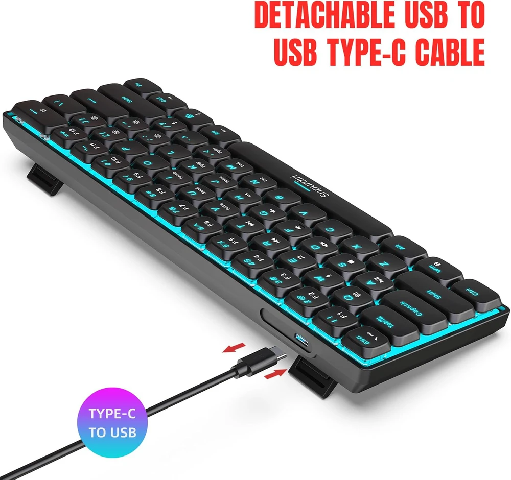 Snpurdiri mechaninė žaidimų klaviatūra 60 proc. su LED apšvietimu, USB-C jungtis, 61 klavišo mini QWERTY, juoda, raudoni jungikliai
