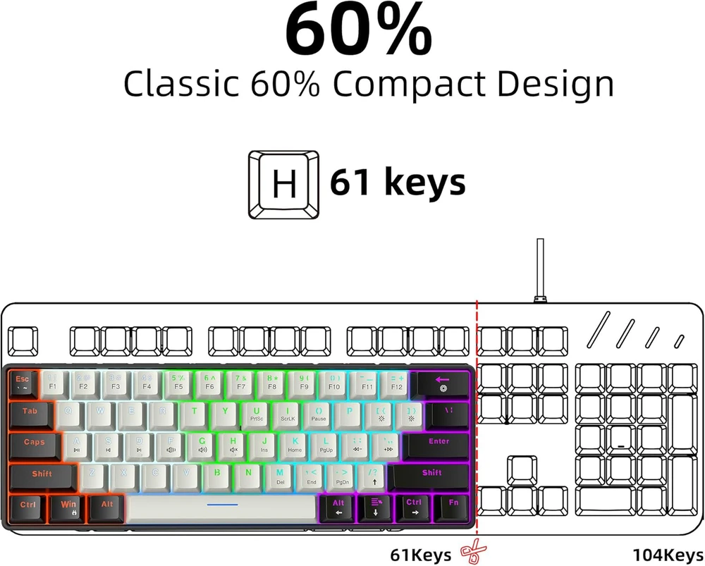 Snpurdiri mechaninė žaidimų klaviatūra 60%, laidinė, 61 mygtukas, RGB apšvietimas, mėlynieji jungikliai, juodai balta