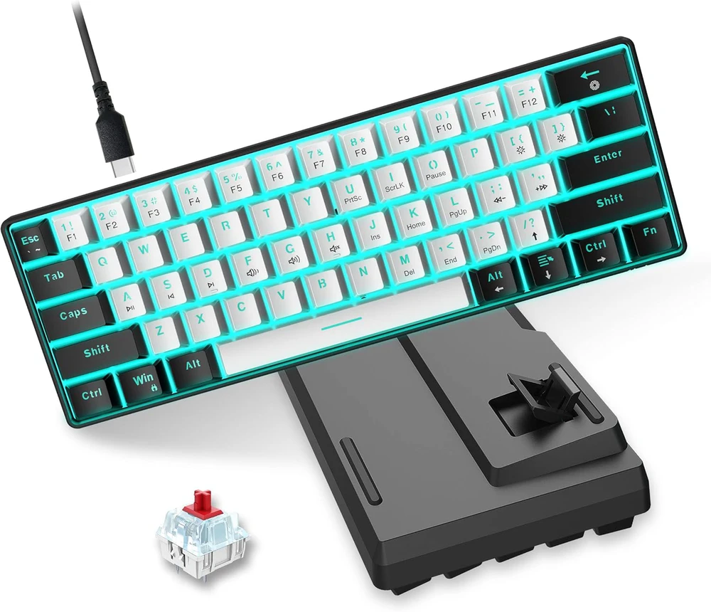Snpurdiri mechaninė žaidimų klaviatūra 60%, laidinė, 61 mygtukas, mėlynas LED apšvietimas, USB-C