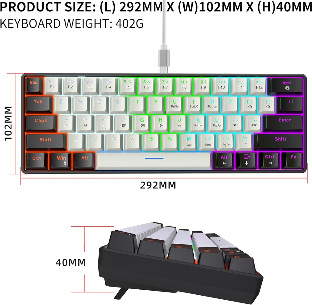 Snpurdiri mechaninė žaidimų klaviatūra 60%, laidinė, 61 mygtukas, RGB apšvietimas, mėlynieji jungikliai, juodai balta