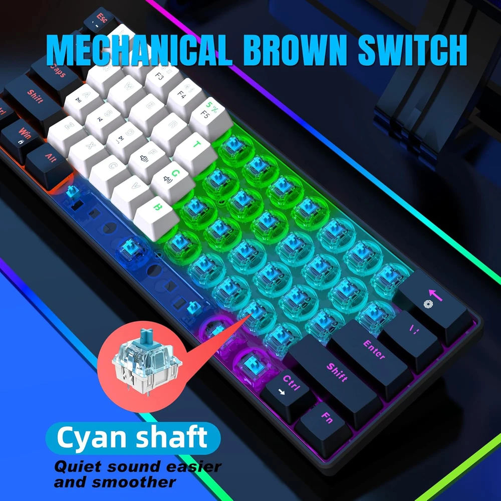 Snpurdiri mechaninė žaidimų klaviatūra 60%, laidinė, 61 mygtukas, RGB apšvietimas, mėlynieji jungikliai, juodai balta